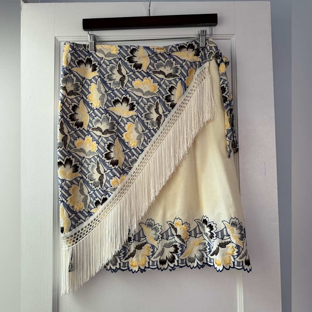 Paul & Joe cream fringe side tie skirt, size L/10/12 French size 42